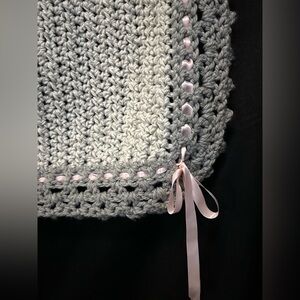Crochet Throw Blanket 41x38” Baby Girl Gray Pink Ribbon Handmade Throw